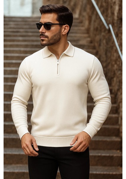 Erkek Trend Fermuarlı Uzun Kollu Krem Polo Yaka Kazak