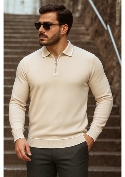 Erkek Trend Fermuarlı Uzun Kollu Krem Polo Yaka Kazak fiyatları