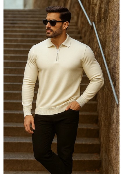 Erkek Trend Fermuarlı Uzun Kollu Krem Polo Yaka Kazak modelleri