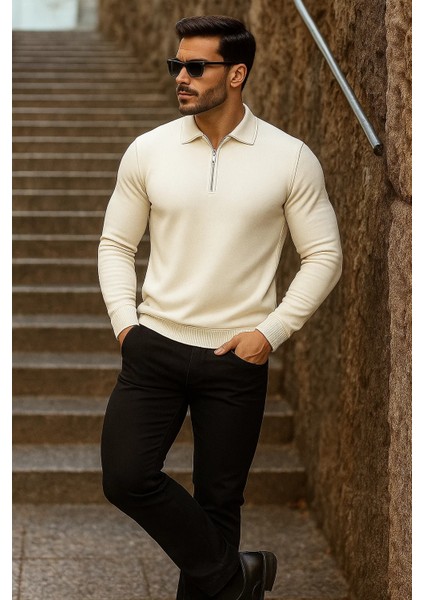 Erkek Trend Fermuarlı Uzun Kollu Krem Polo Yaka Kazak fırsatları