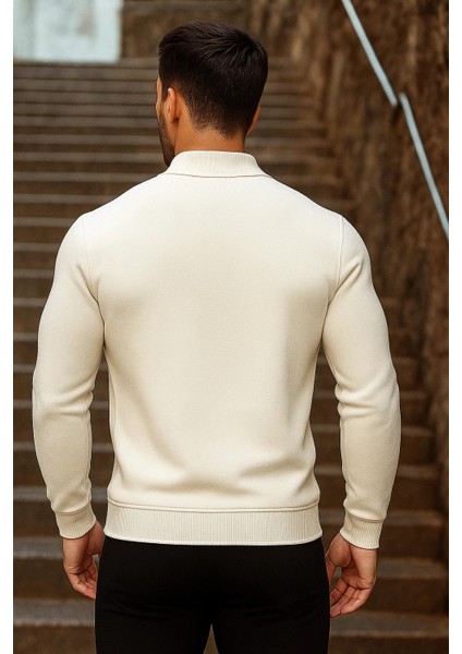 Erkek Trend Fermuarlı Uzun Kollu Krem Polo Yaka Kazak indirimleri