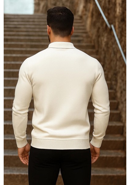 Erkek Trend Fermuarlı Uzun Kollu Krem Polo Yaka Kazak