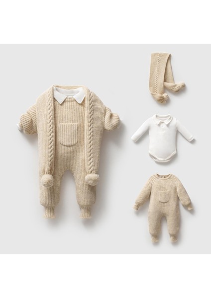 Atkılı 3lü Premium Triko Tulum Bej