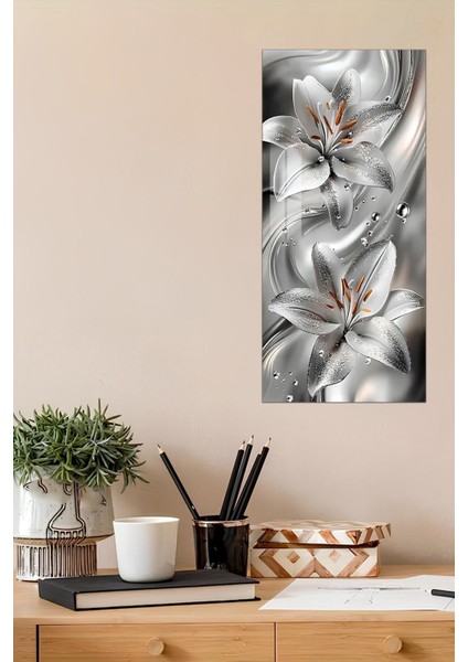 Gümüş Zambak Desenli Temperli Cam Dik Tablo – 30X60 cm Hd Uv Baskı - DCT012