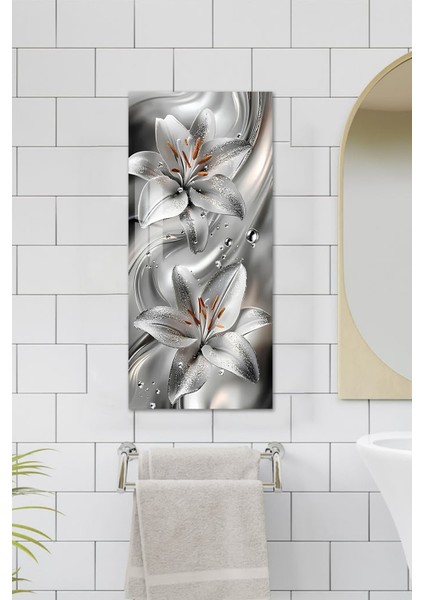Gümüş Zambak Desenli Temperli Cam Dik Tablo – 30X60 cm Hd Uv Baskı - DCT012 fiyatları