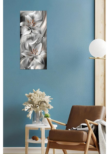 Gümüş Zambak Desenli Temperli Cam Dik Tablo – 30X60 cm Hd Uv Baskı - DCT012 modelleri