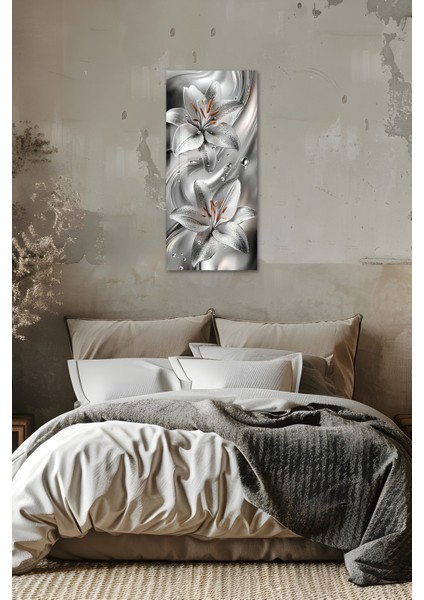 Gümüş Zambak Desenli Temperli Cam Dik Tablo – 30X60 cm Hd Uv Baskı - DCT012 indirimleri