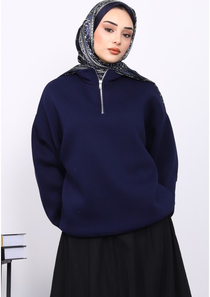 Lacivert Yaka Fermuarlı Üç İplik Şardonlu Sweat fırsatları