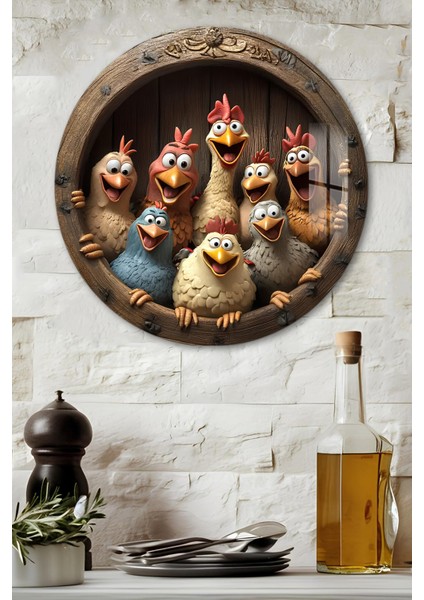 3D Görünümlü Temperli Cam Tablo – Sevimli Tavuklar Temalı Duvar Süsü Uv Baskı 33X33 cm CDS004