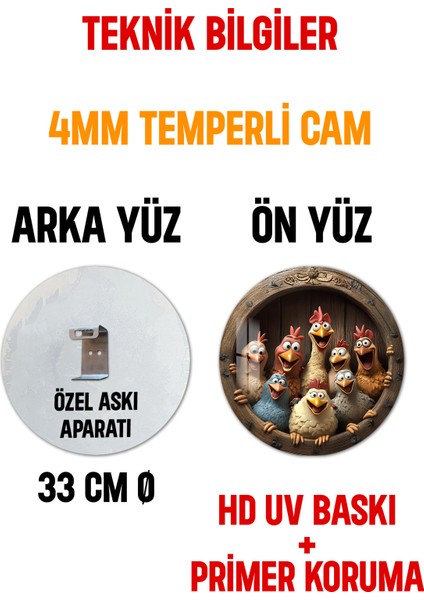 3D Görünümlü Temperli Cam Tablo – Sevimli Tavuklar Temalı Duvar Süsü Uv Baskı 33X33 cm CDS004