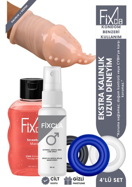 4’lü Erkek Deneyim Seti – Süre Destekleyici Sprey, Çilek Jel, Uzatıcı Kılıf, 3 Halka