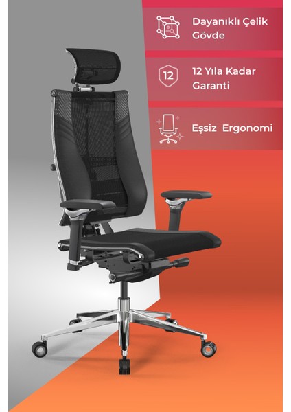 Yoga Ergonomik Koltuk | Bel Destekli, Tekerlekli, Krom Ayaklı, Fileli Yönetici Koltuğu -D5.50.15.13A