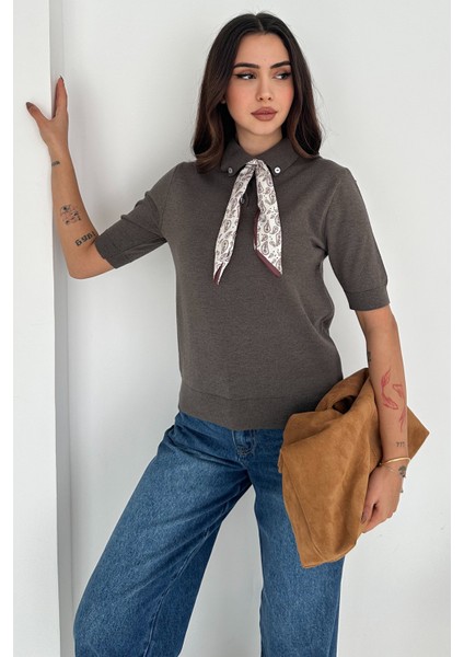 Kadın Polo Yaka Düğmeli Fular Detay Triko Kazak – Retro Accent