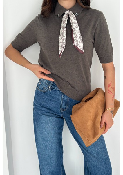 Kadın Polo Yaka Düğmeli Fular Detay Triko Kazak – Retro Accent fiyatları