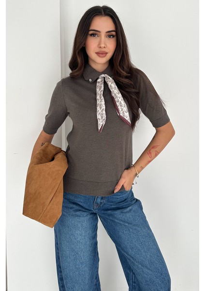 Kadın Polo Yaka Düğmeli Fular Detay Triko Kazak – Retro Accent fırsatları