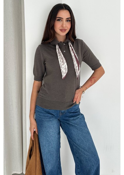 Kadın Polo Yaka Düğmeli Fular Detay Triko Kazak – Retro Accent indirimleri