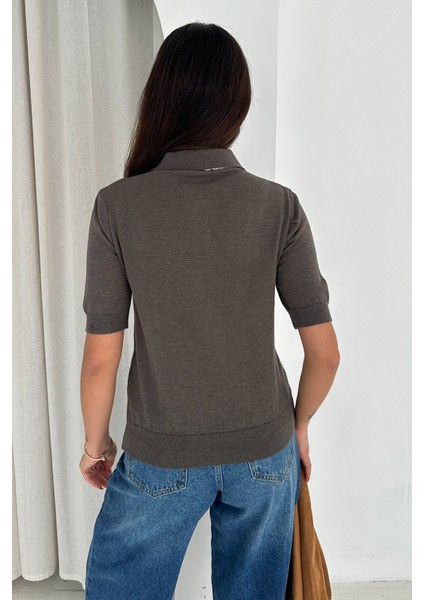 Kadın Polo Yaka Düğmeli Fular Detay Triko Kazak – Retro Accent