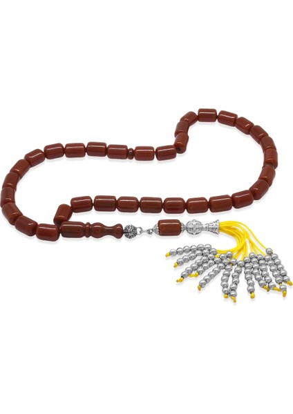 Çubuk Sıkma Kehribar Tesbih - Osmanlı Saray Püsküllü - Koyu Kırmızı Renk - Kapsül Kesim