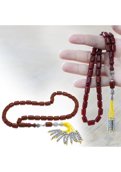 Çubuk Sıkma Kehribar Tesbih - Osmanlı Saray Püsküllü - Koyu Kırmızı Renk - Kapsül Kesim fiyatları