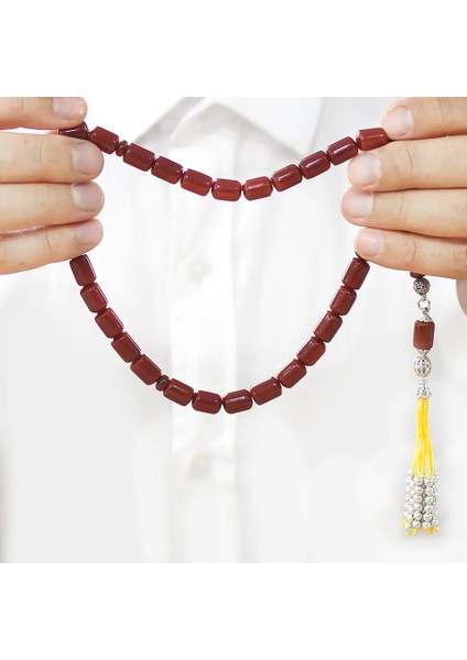 Çubuk Sıkma Kehribar Tesbih - Osmanlı Saray Püsküllü - Koyu Kırmızı Renk - Kapsül Kesim modelleri