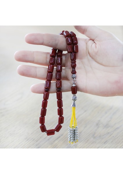 Çubuk Sıkma Kehribar Tesbih - Osmanlı Saray Püsküllü - Koyu Kırmızı Renk - Kapsül Kesim fırsatları