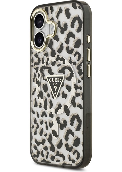 iPhone 17 Uyumlu Kılıf Guess Lisanslı M-Safe Özellikli Üçgen Logolu Simli Leopar Desenli Kapak Siyah fiyatları