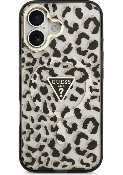 iPhone 17 Uyumlu Kılıf Guess Lisanslı M-Safe Özellikli Üçgen Logolu Simli Leopar Desenli Kapak Siyah modelleri