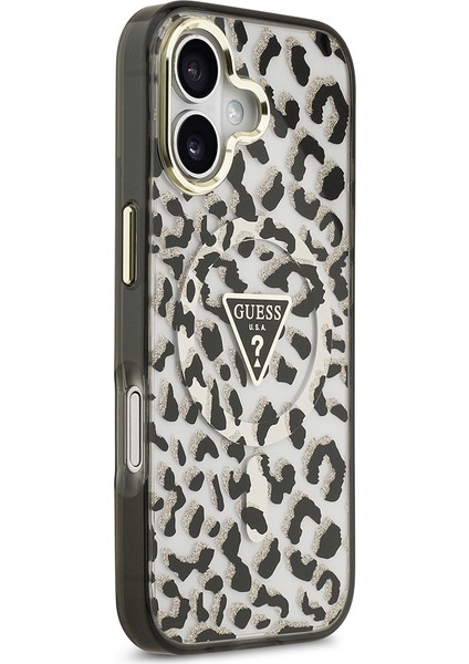 iPhone 17 Uyumlu Kılıf Guess Lisanslı M-Safe Özellikli Üçgen Logolu Simli Leopar Desenli Kapak Siyah fırsatları
