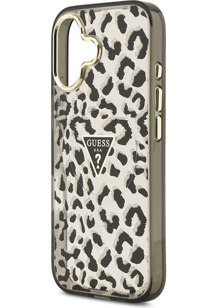 iPhone 17 Uyumlu Kılıf Guess Lisanslı M-Safe Özellikli Üçgen Logolu Simli Leopar Desenli Kapak Siyah indirimleri