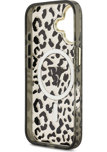 iPhone 17 Uyumlu Kılıf Guess Lisanslı M-Safe Özellikli Üçgen Logolu Simli Leopar Desenli Kapak Siyah