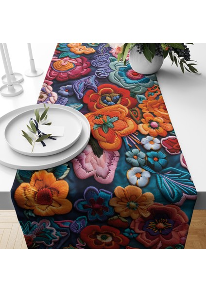 Dijital Baskılı Runner - Nakış Görünümlü Çiçek Desenli - 140X40 cm
