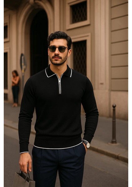 Erkek Fermuarlı Siyah Uzun Kollu Polo Yaka Triko Kazak