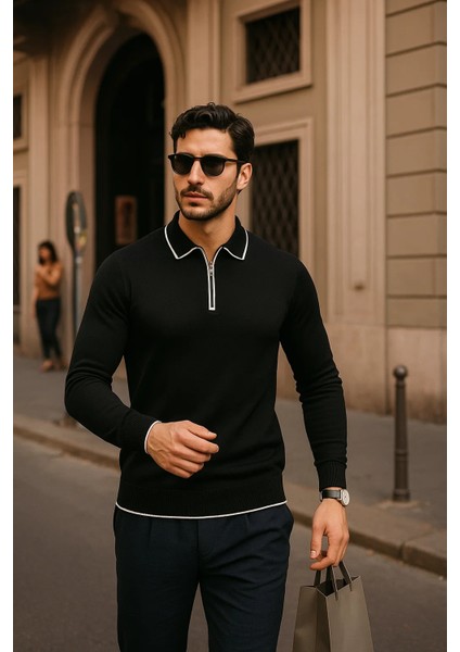 Erkek Fermuarlı Siyah Uzun Kollu Polo Yaka Triko Kazak fiyatları