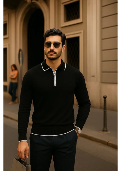 Erkek Fermuarlı Siyah Uzun Kollu Polo Yaka Triko Kazak modelleri