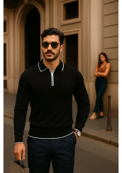 Erkek Fermuarlı Siyah Uzun Kollu Polo Yaka Triko Kazak fırsatları