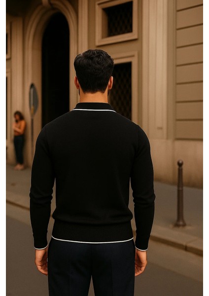 Erkek Fermuarlı Siyah Uzun Kollu Polo Yaka Triko Kazak indirimleri