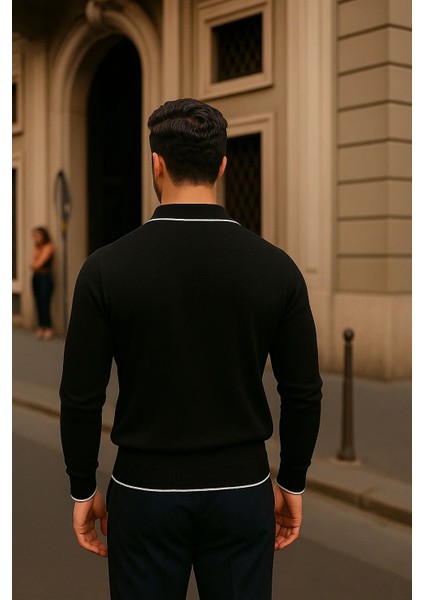 Erkek Fermuarlı Siyah Uzun Kollu Polo Yaka Triko Kazak