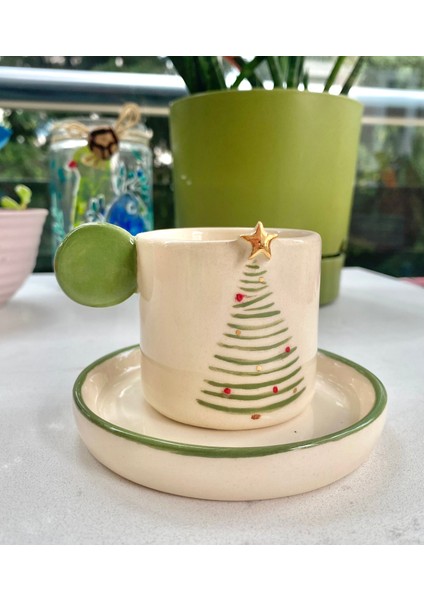 El Yapımı Seramik Gerçek 24K Altın Dekorlu Çam Ağacı Türk Kahvesi Fincanı