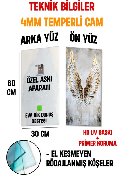 Altın Kanatlar Temalı Temperli Cam Dik Tablo 30X60 cm Ebadında Uv Baskı - DCT024