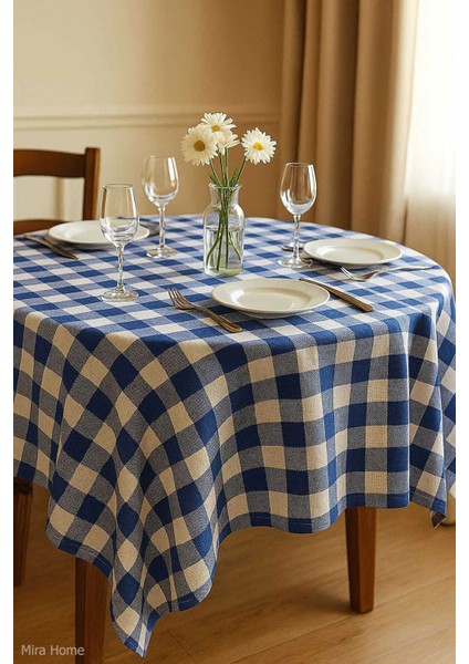 Fiber Kareli Masa Örtüsü Sofra Bezi Ekose Desen 160X160 cm Mavi