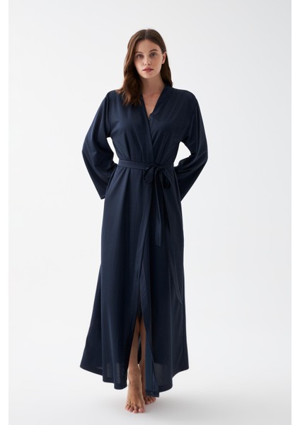 Kadın Uzun Lacivert Saten Sabahlık fırsatları