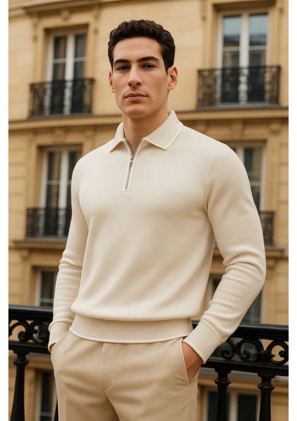 Erkek Trend Fermuarlı Krem Uzun Kollu Polo Yaka Tişört
