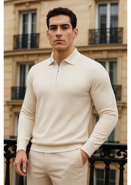 Erkek Trend Fermuarlı Krem Uzun Kollu Polo Yaka Tişört fiyatları