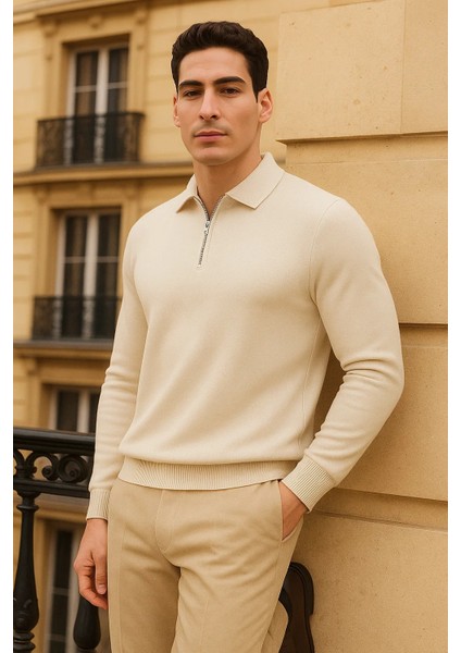 Erkek Trend Fermuarlı Krem Uzun Kollu Polo Yaka Tişört modelleri