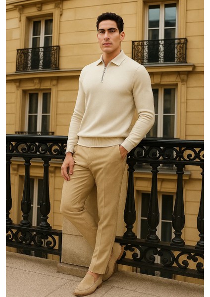 Erkek Trend Fermuarlı Krem Uzun Kollu Polo Yaka Tişört fırsatları