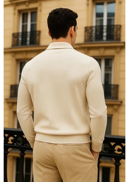 Erkek Trend Fermuarlı Krem Uzun Kollu Polo Yaka Tişört indirimleri