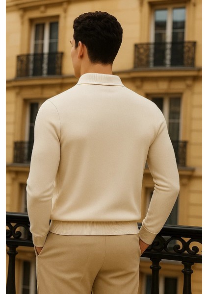 Erkek Trend Fermuarlı Krem Uzun Kollu Polo Yaka Tişört