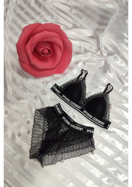 Siyah Sütyen Külot Takım Beyaz Zigzag Detaylı Dantel Yazılı Şeritli Yumuşak Pedlli Telsiz Takım