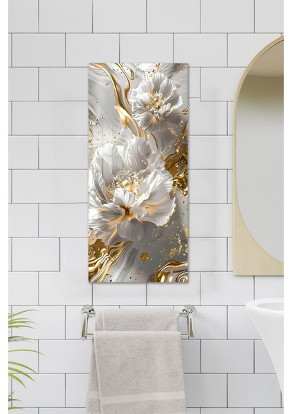 Altın Detaylı Beyaz Çiçek Desenli Temperli Cam Dik Tablo – 30X60 cm Hd Uv Baskı - DCT017