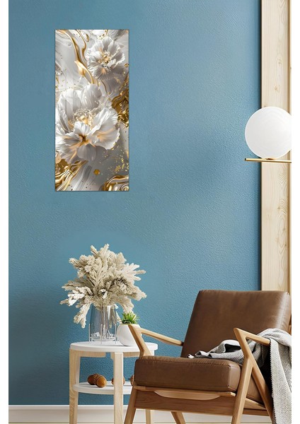 Altın Detaylı Beyaz Çiçek Desenli Temperli Cam Dik Tablo – 30X60 cm Hd Uv Baskı - DCT017 modelleri